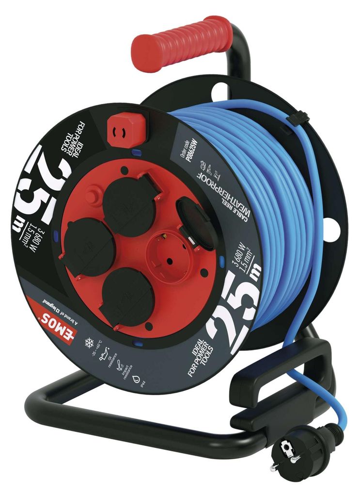 Wetterfeste Kabeltrommel 25 m / 4 Steckdosen / blau / PVC / 230 V / 1,5 mm2