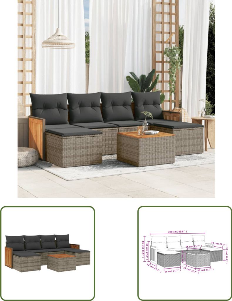 The Living Store 7-tlg. Garten-Sofagarnitur mit Kissen Grau Poly Rattan