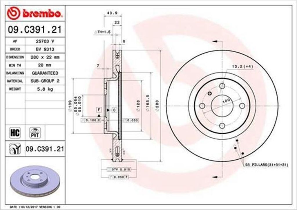Brembo Bremsscheibe 280mm 22mm 4-Loch innenbelüftet beschichtet hochgekohlt