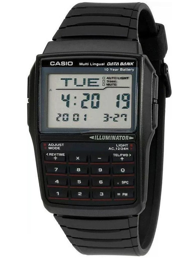 A black Casio Databank calculator watch is shown against a white background.