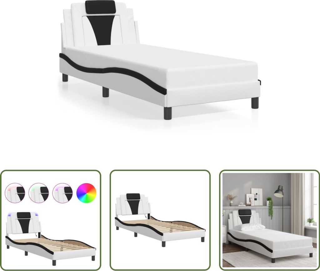 The Living Store Bettgestell mit LED Weiß und Schwarz 90x200 cm Kunstleder