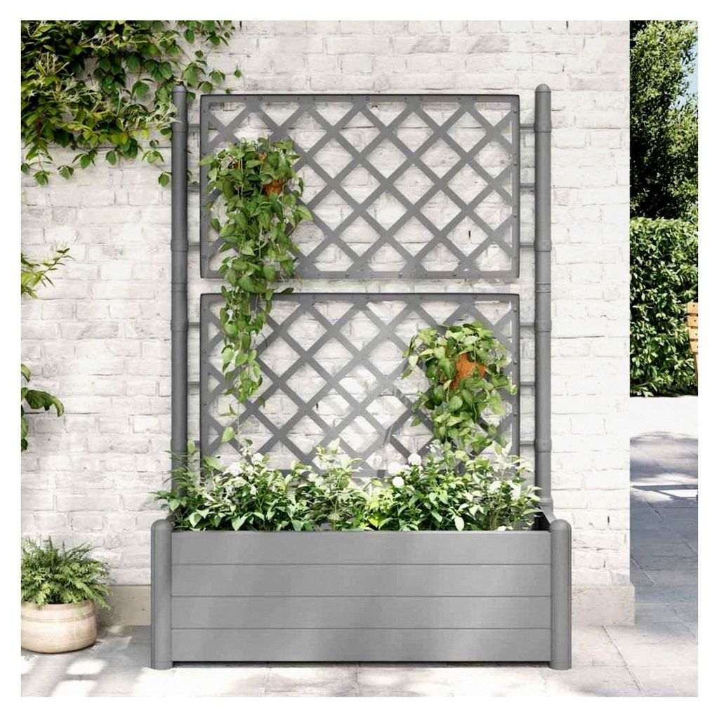 Blumenkasten mit Rankgitter 100 x 43 x 142 cm PP grau Stein Hochbeet für Garten, Pflanzkübel für Blumen, Sukkulenten, Terrasse, Patio, Balkon