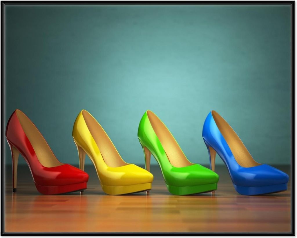 Wallario Wandbild Bunte Schuhe - High Heels für Frauen, Größe: 40,30 x 50,30 cm, Poster mit schwarzem Aluminiumrahmen