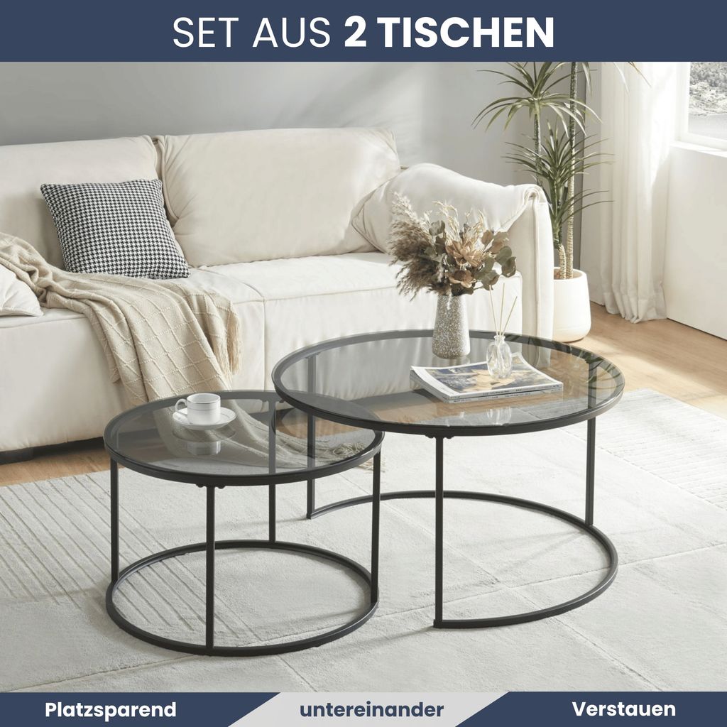DELUKE® Couchtisch Glas LENO 2er Set - runder Beistelltisch Produktbild 3
