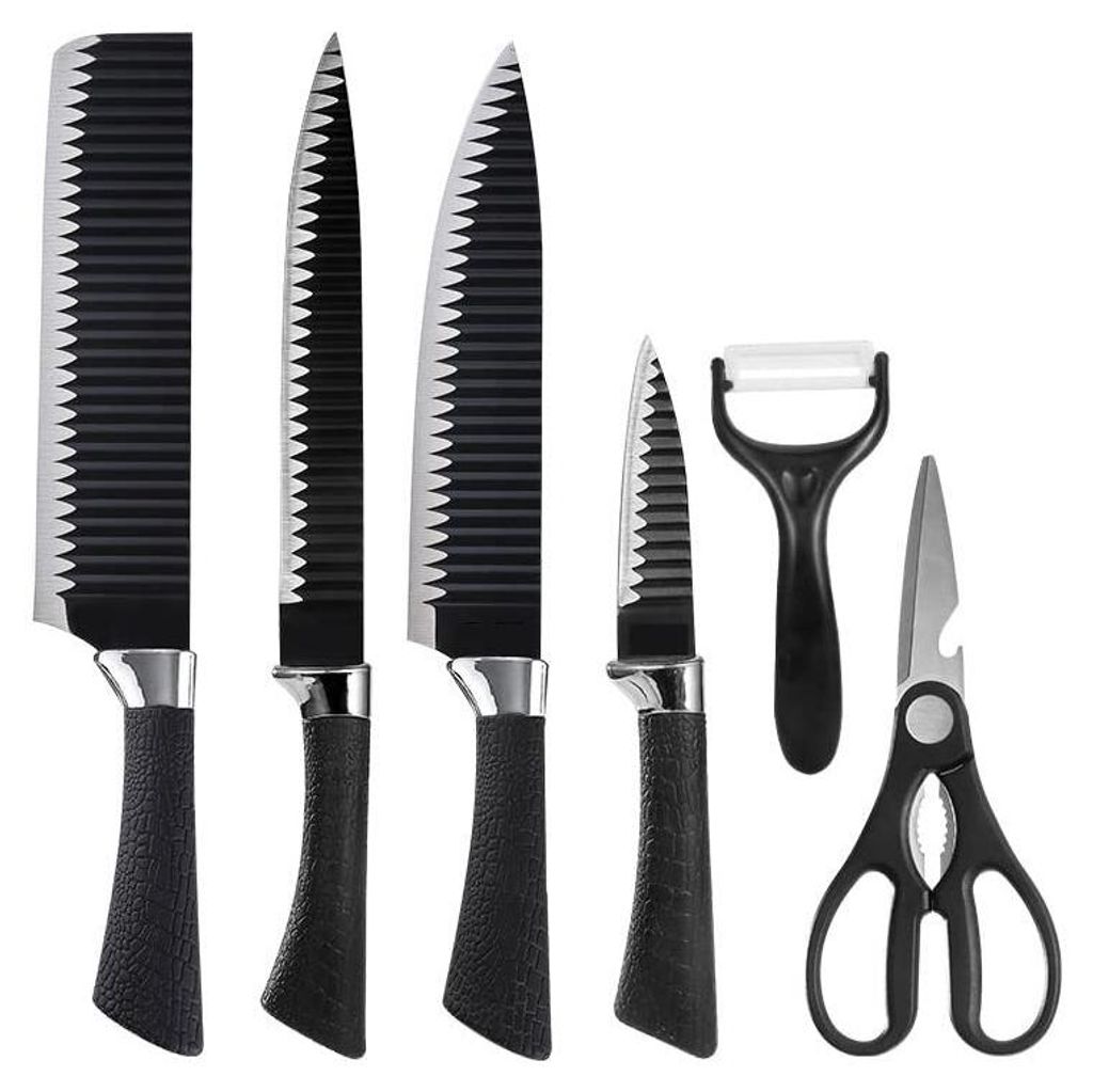 6-teiliges Küchenmesser-Set – Edelstahlklingen, ergonomische PP-Griffe, gebogene Schneide, inkl. Schere & Sparschäler