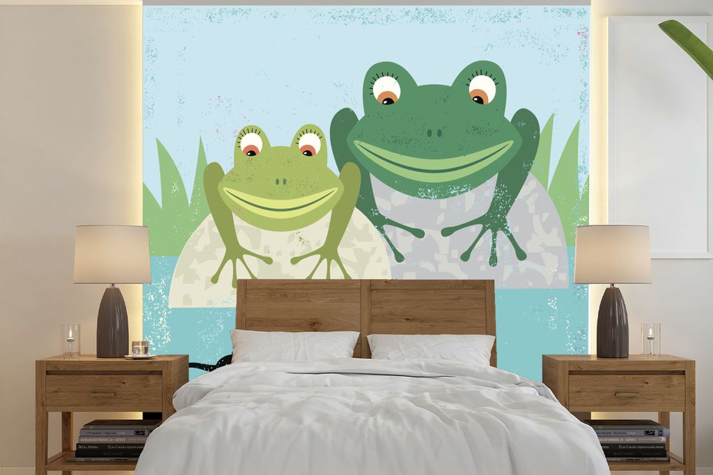 MuchoWow Fototapete für Wohnzimmer oder Schlafzimmer Wandtapete Vinyl Motivtapete Frösche - Stein - Wasser - 280x280 cm - Hintergrundbild