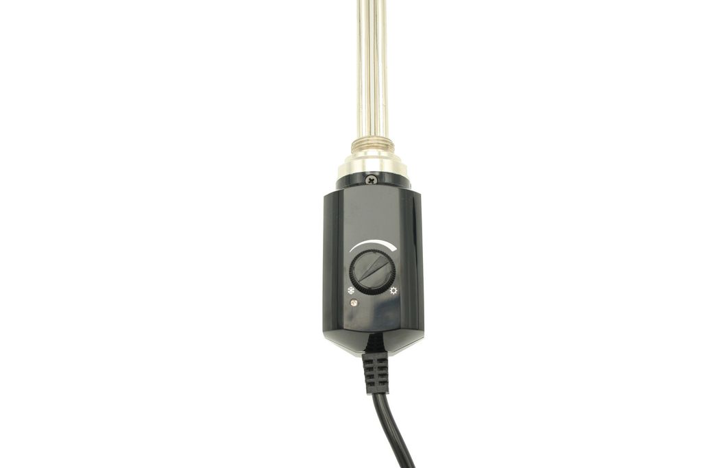A close-up shot of a black electric heating element with a silver heating rod and a black control dial, set against a plain white background.