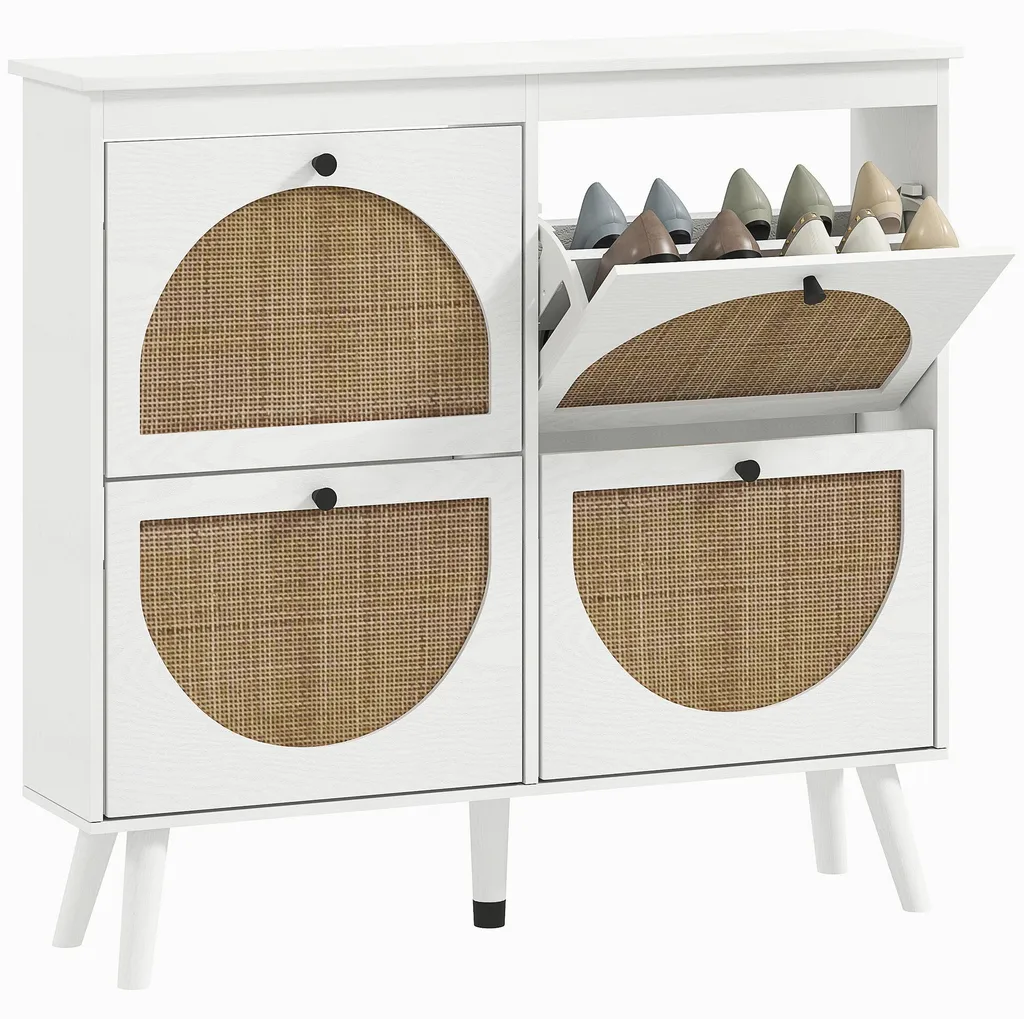 Armoire à chaussures style bohème 4 portes et pieds bois massif 105cm