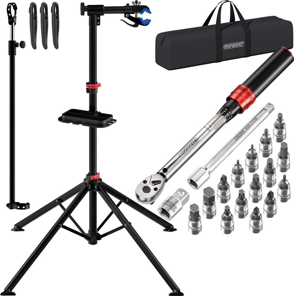 MONZANA Fahrradmontageständer 30 kg mit Drehmomentschlüssel 1/4 Zoll Set Profi klappbar Tragetasche Reifenheber 1–25 Nm Bitset Transportbox