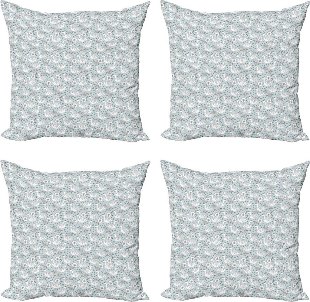 ABAKUHAUS Swans Kissenbezug Set (4 Stück), Hand gezeichnete Blumen und Vögel, Moderner Doppelseitiger Digitaldruck, 45 cm x 45 cm, Blassblau Grau...