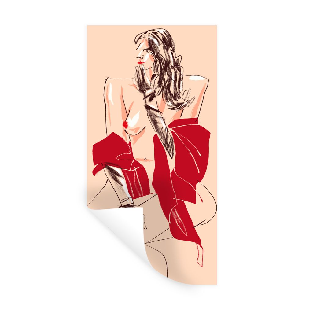 MuchoWow Wandtattoo Wandsticker Wandaufkleber Frau - Porträt - Pastell - Rot 20x40 cm Selbstklebend und Repositionierbar - Selbstklebend - Fotot...