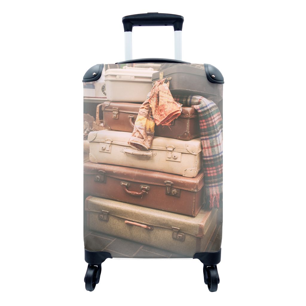 MuchoWow Koffer Handgepäck Trolley Rollkoffer Kleine Reisekoffer mit 4 Rollen - Reisekoffer - Retro - Braun - Cabin Size < 55x40x23 cm & 55x40x2...