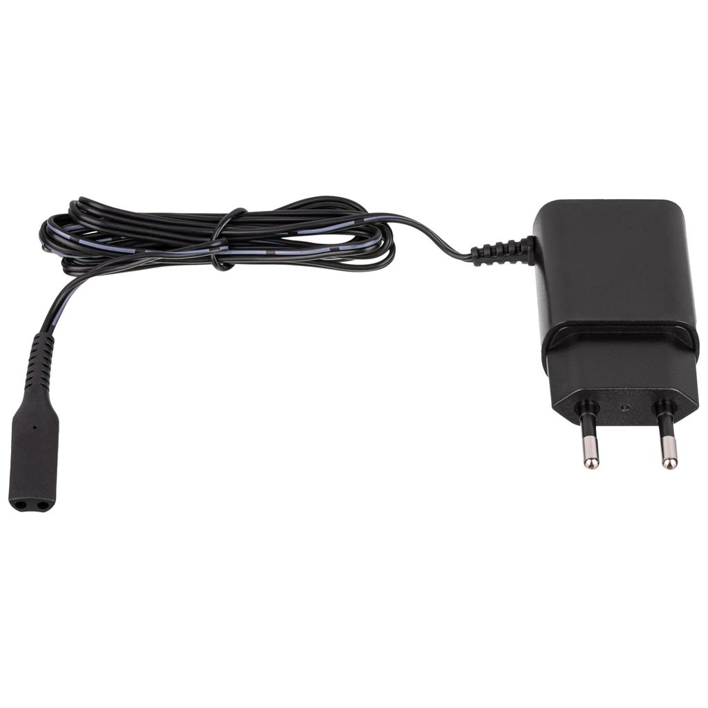 A black power adapter with a European plug and a charging cable.