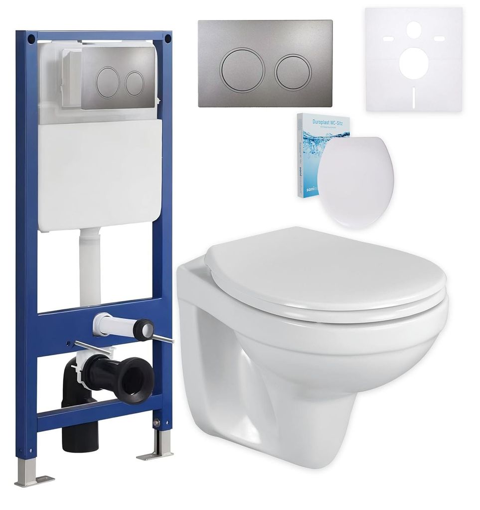 sanicomfort Wand WC-Set + Vorwandelement inkl. runder Betätigungsplatte dunkelgrau | Unterputz-Komplettset mit 2-Mengen-Spülung | Modernes WC Ins...