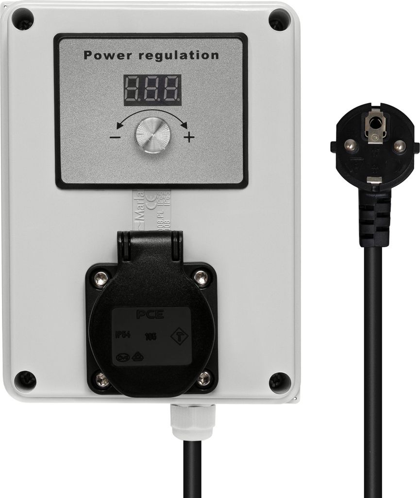 A power regulation device with a digital display and a plug.