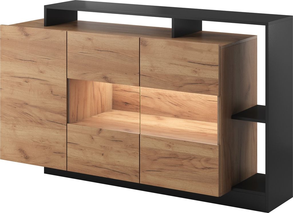 Furniture24 Kommode ALVA Sideboard 155 cm breit 3 Türiger mit Led Beleuchtung Schrank Wohnzimmerschrank mit Aufsatz Anthrazit/Craft Eiche Gold