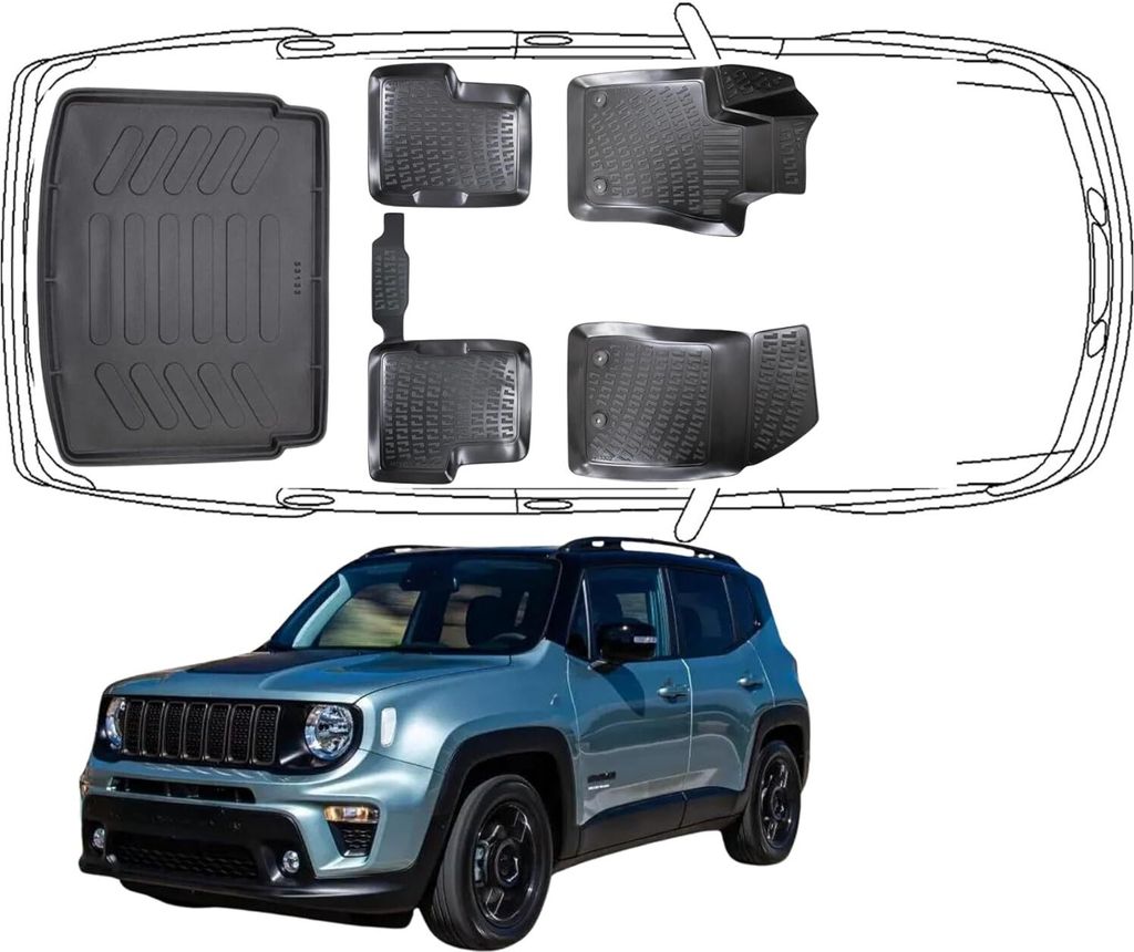3D Fußmatten & Obere Kofferraumwanne Auto Set Kompatibel mit Jeep Renegade 2014 - 2024