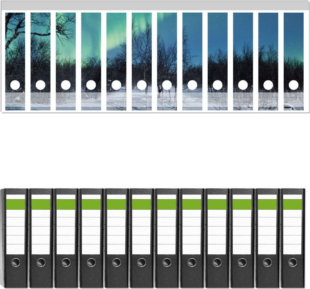 Wallario 12 Stück breite Ordner inkl. Klebeetiketten mit Motive Polarlicht in Schweden - Set mit Rückenschildern / Ordnerrücken Stickern