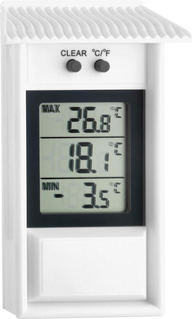 A white digital thermometer with a protective roof-like cover.