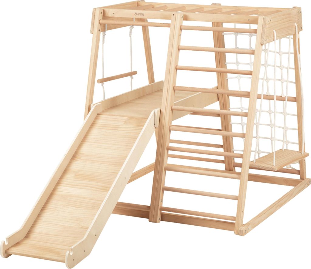Sunny Mickie Kletterturm mit Rutsche, Schaukel und Strickleiter aus Holz in Naturfarben | Indoor Klettergerüst für Kinder | Montessori Spielzeug ...