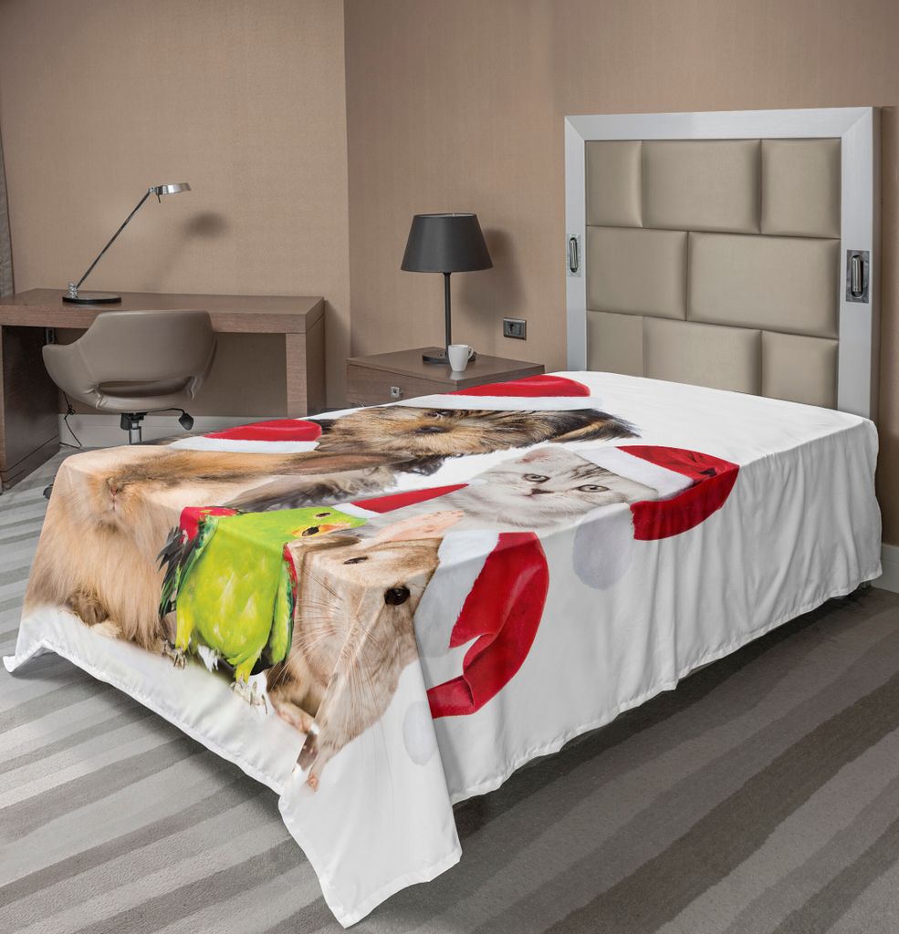 ABAKUHAUS Weihnachten Bettlaken, Xmas Crew Katze Hund Vogel Maus und Kaninchen Bunny mit Santa Hüte mürrisch Haustiere Bild, weiches bequemes obe...