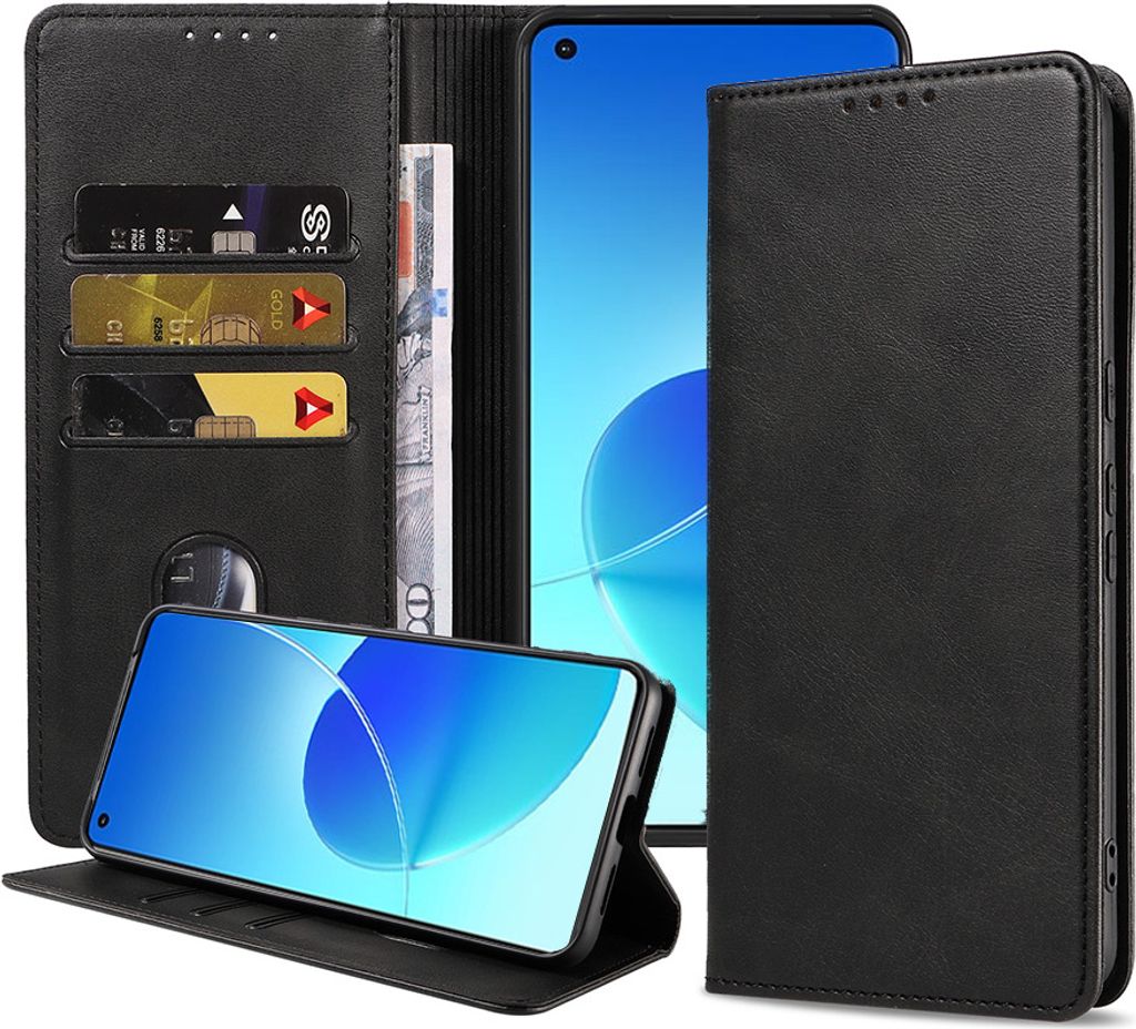 Smartphonica Handytasche geeignet für Oppo Reno 6 Pro Kunstlederhülle mit Magnetverschluss und Kartenhalter Buchhülle mit Klappe - Schwarz