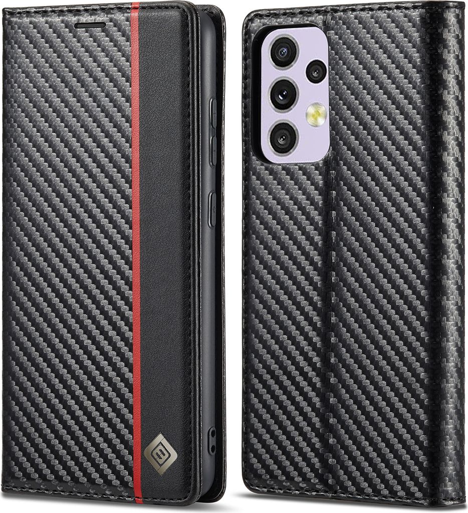Hülle für Samsung Galaxy A33 5G Kohlefaser Leder Brieftasche Schutzhülle mit Standfunktion Schwarz Vertikale Rot