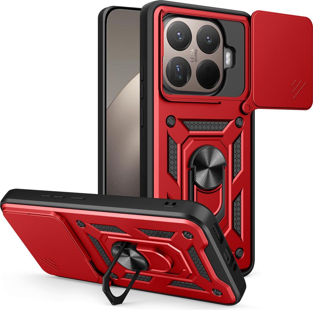 A red and black phone case with a camera cover and a ring holder is shown from two angles against a white background.