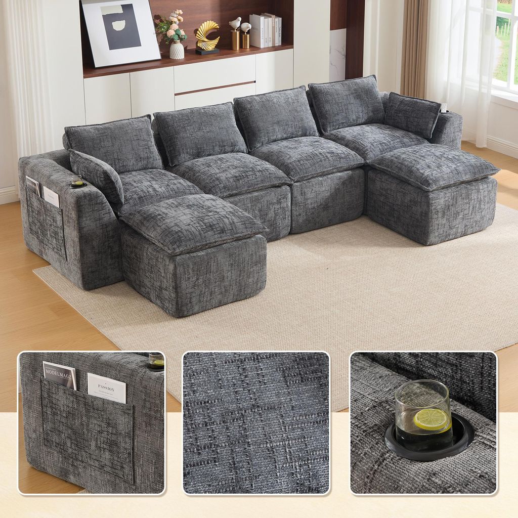 LVHOM XXL Modulsofa 4-Sitzer Chenille, U-Form Wohnlandschaft mit Getränkehalter & Seitentaschen, Bigsofa, 322cm, Dunkelgrau