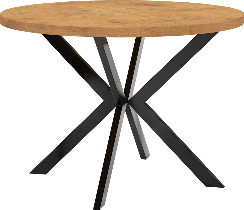 Runder Ausziehbarer Tisch für Esszimmer, ENDIK, mit Metallbeinen, Loft-Stil, Industriel, Durchmesser: 90 / 190 cm, Farbe: Eiche Lancelot / Schwarz