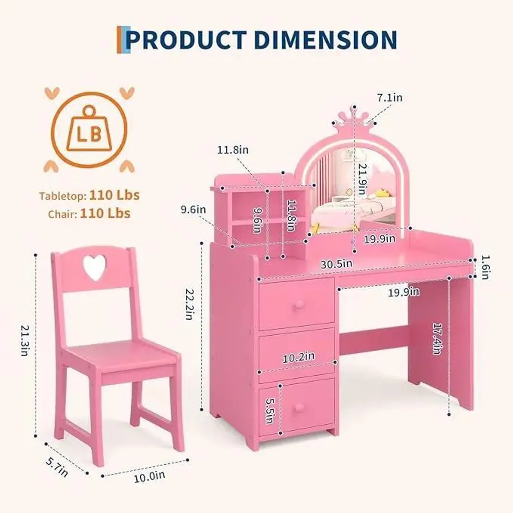 Coiffeuse pour enfants avec miroir éclairé et structure en métal rouge - 2