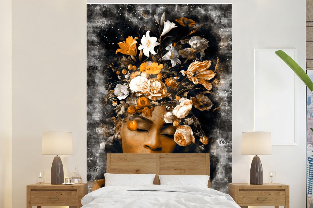 MuchoWow Fototapete für Wohnzimmer oder Schlafzimmer Wandtapete Vinyl Motivtapete Frauen - Gold - Blumen - 225x350 cm - Schlafzimmer tapete