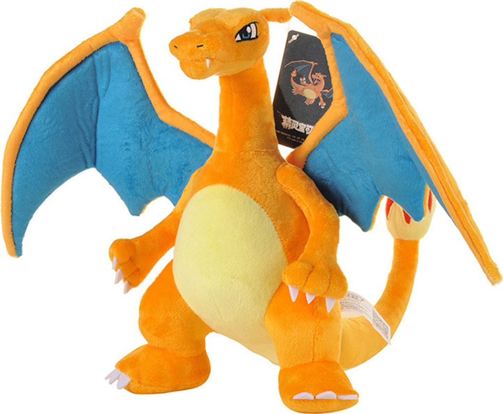 A plush toy of the Pokémon Charizard is shown against a white background.