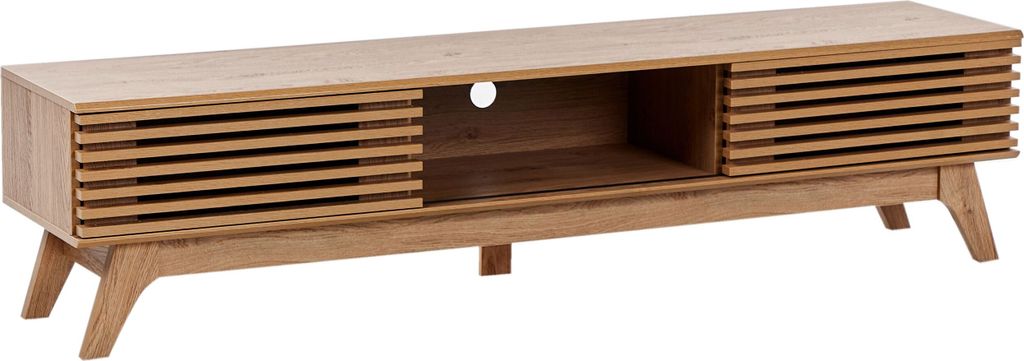 BELIANI Fernsehtisch Braun Holzoptik Eiche 180 cm Breit mit Kabelkanal Schiebetür Lamellen-Optik Niedrig Schmal TV-Möbel TV-Schrank für Wohnzimmer