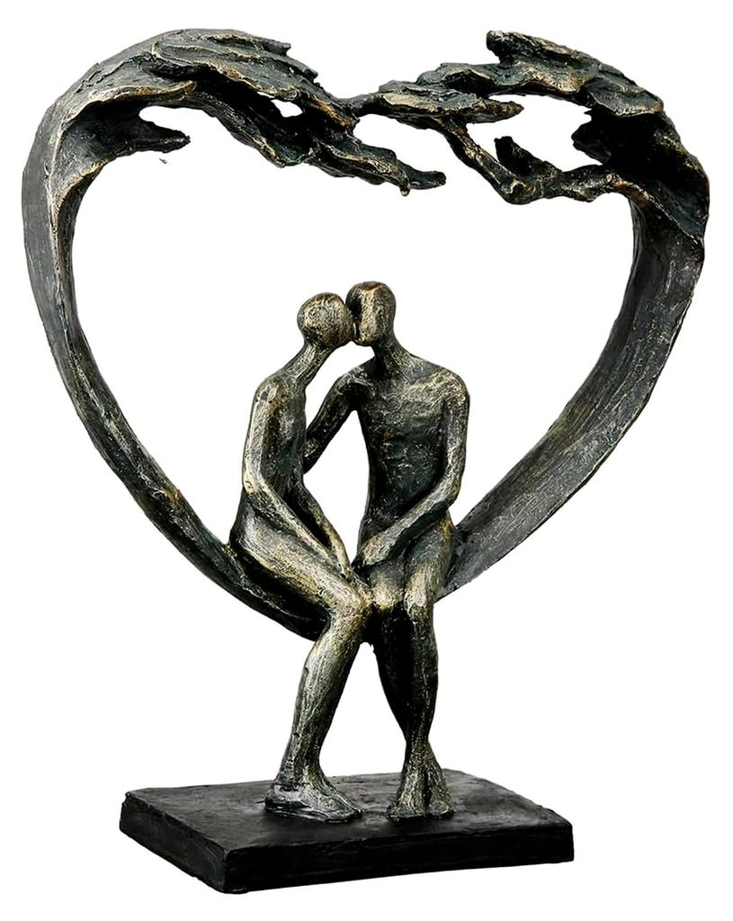 Deko Herz Figur Skulptur - Paarfigur Kuss Dekofigur aus Kunstharz in Bronze - Dekoration Geschenk Hochzeit Höhe 30 cm