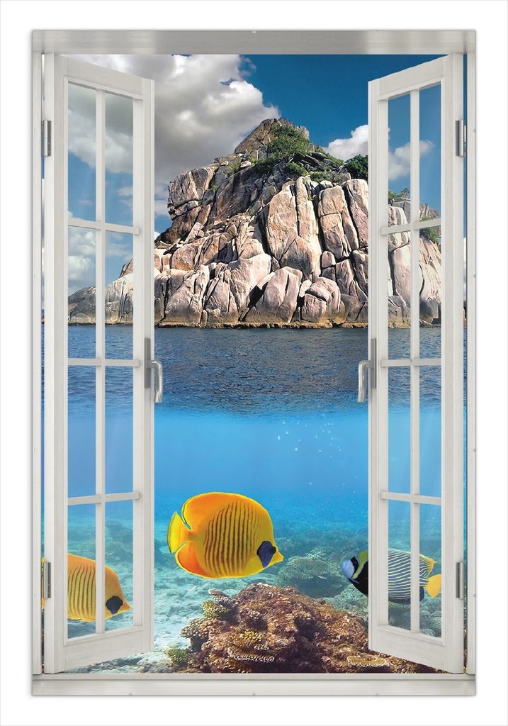 Wallario Wandbild mit Fenster-Illusion: Exotische Fische im Meer, Größe: 61 x 91,5 cm, Poster mit rahmenlosen Bildhalter