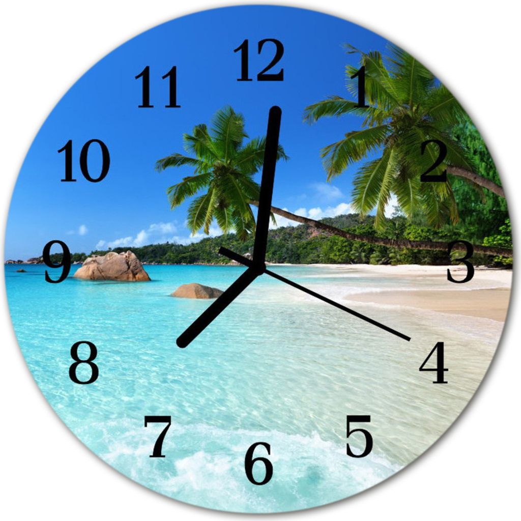 Glasuhr Wanduhr Küchenuhr Echt-Glas 30fi cm Strand blau