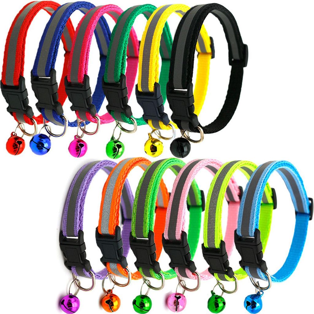 12 Stück reflektierendes Katzenhalsband, bequem, verstellbar, für Kätzchen, mit Glöckchen, für kleine Haustiere, zufällige Farbe