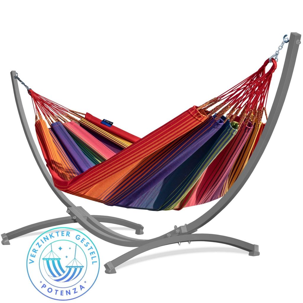 Potenza Outdoor Hängematte mit Verzinkter Gestell für 2 Personen I 100% Baumwolle Arriba Doppelhängematte 230x160 cm, 220kg I Grau Hängematten...