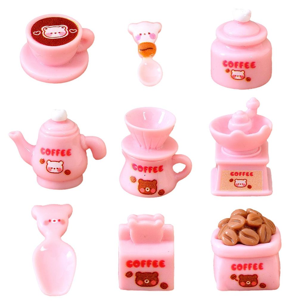 Puppenhaus-Miniatur-Kaffeebar-Zubehör: Mini-Kaffeemaschine aus Kunstharz, Tasse, Glas, Kanne, Figur für Rollenspiele, Puppenhaus-Küchenornamente