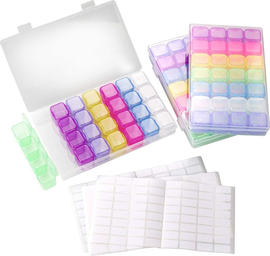 Aufbewahrungsbox, 3 Pack mit 28 Fächern, Diamant-Box, Organizer, abnehmbar, klar, Kunststoff, Box für Schmuck, Ohrringe etc. mit 3 Stickern (wei...