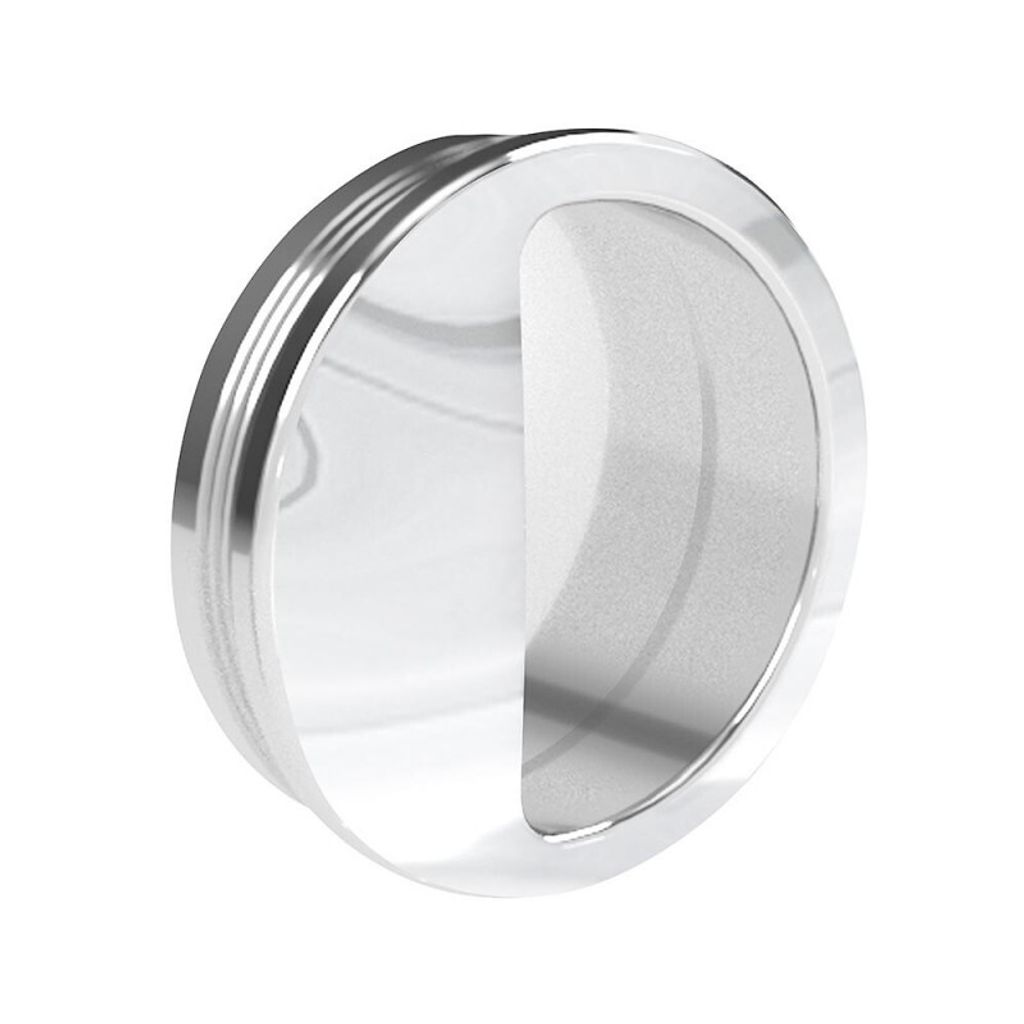 A round, silver-colored handle with a textured insert, shown against a white background.