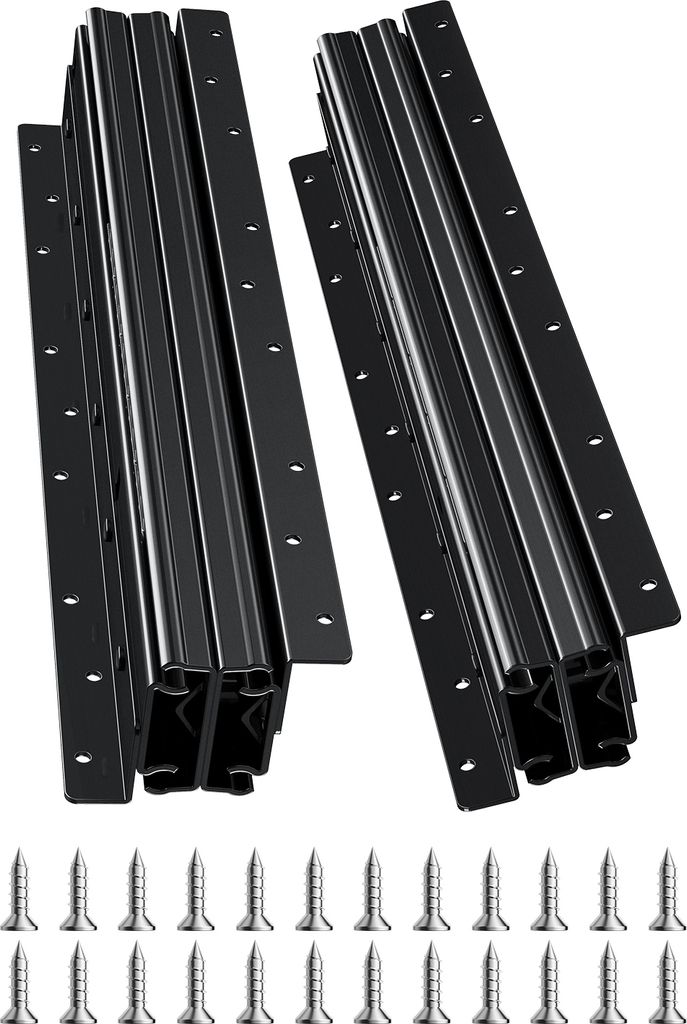 Two sets of black drawer slides and a row of screws on a white background.