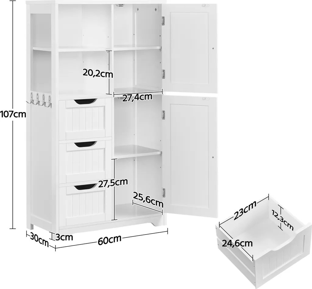 Mobiletto Bagno Yaheetech Bianco con Cassetti e Ganci - Salvaspazio
