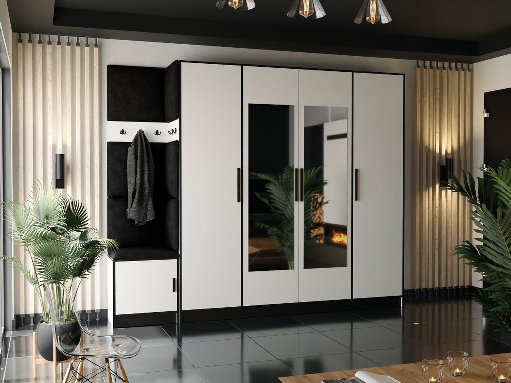 KIER FURNITURE Kleiderschrank, Weiß + Stoff Schwarz - 259,6x205x39cm