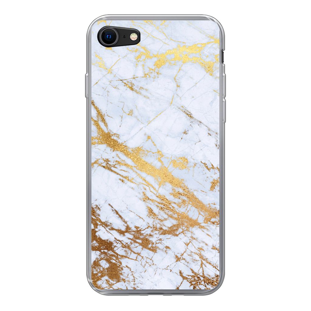 MuchoWow Handyhülle Schutzhülle Hülle für iPhone SE 2020 Marmor - Gold - Weiß - Luxe - Marmoroptik - Glitzer Silikon Softcase Handy Hülle -...