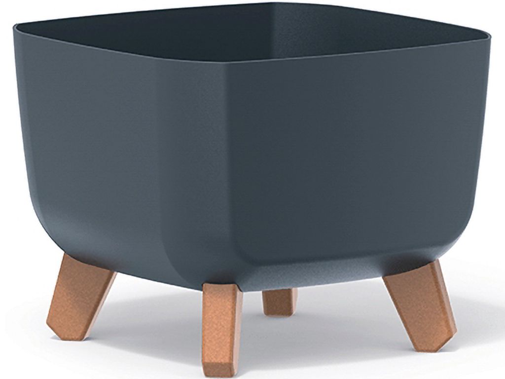 A square planter with wooden legs on a white background.