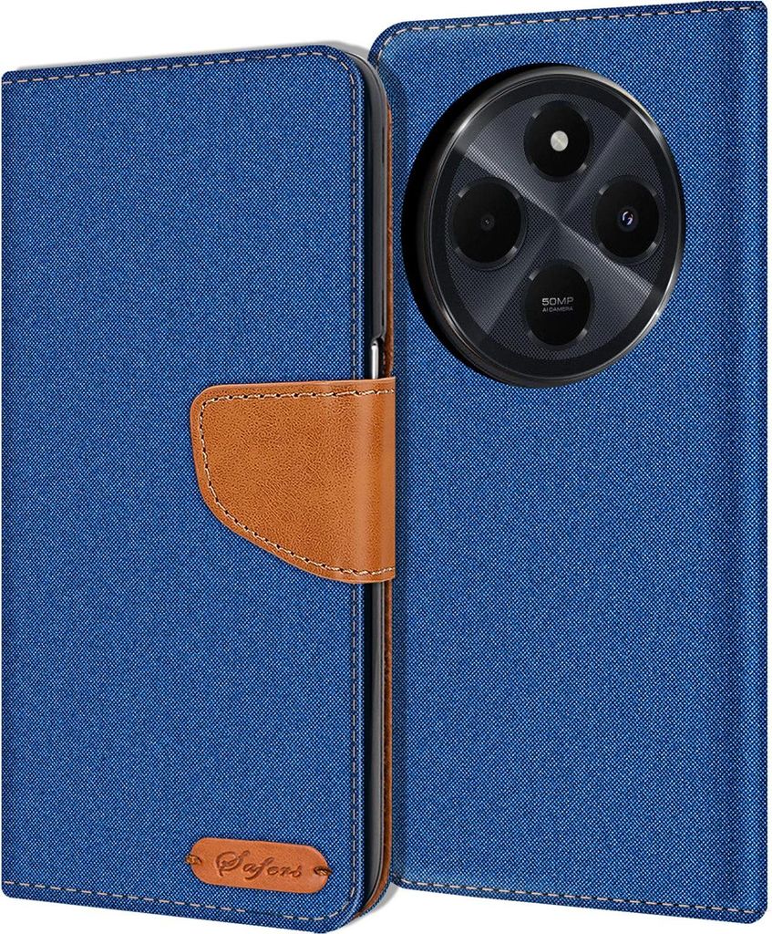 A blue flip case for a smartphone is shown, open to reveal the phone's camera module.