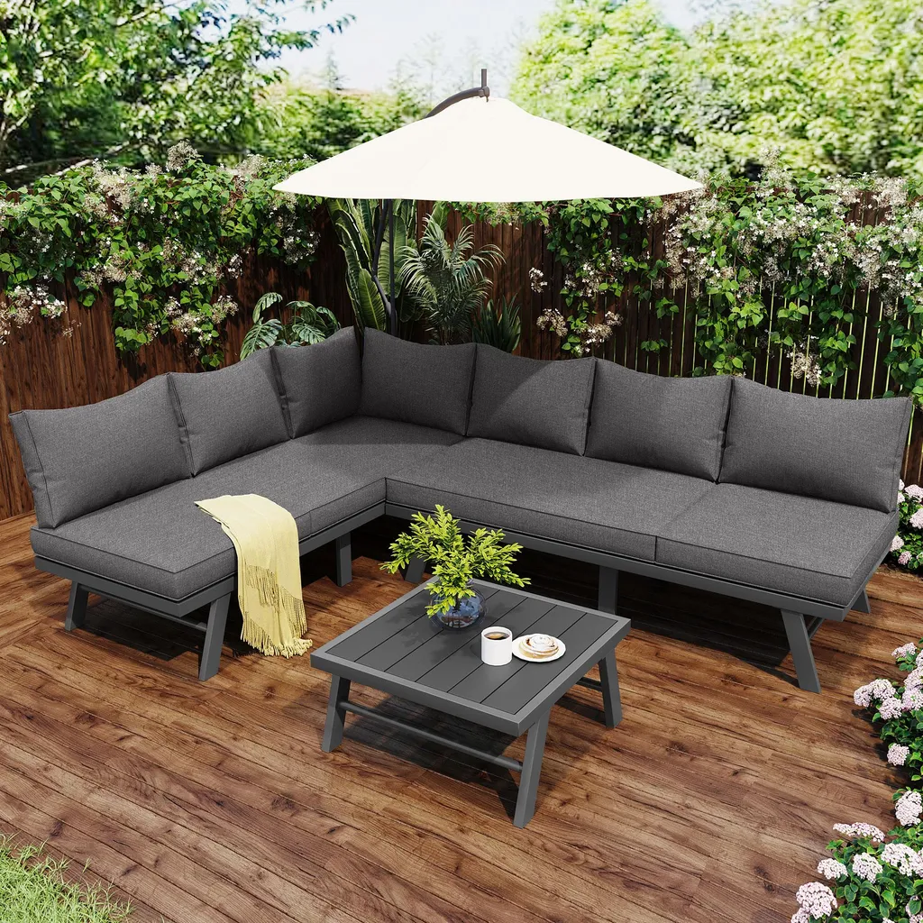 OKWISH Salon de Jardin 5-6 Places en Aluminium avec Table et Coussins Gris