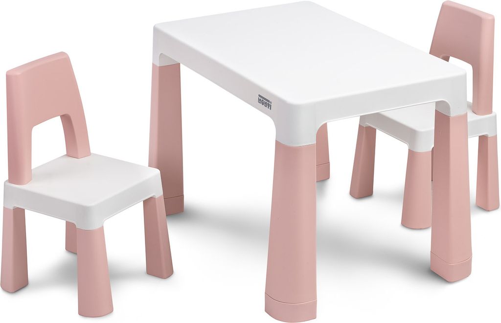 A white and pink children's table and two chairs set on a white background.